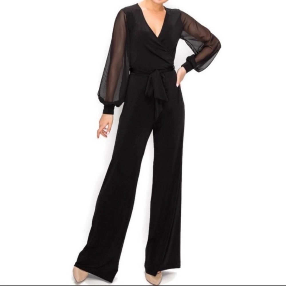 Miss Avenue 1x black sheer long sleeve v neck tie waist wide leg lined jumpsuit